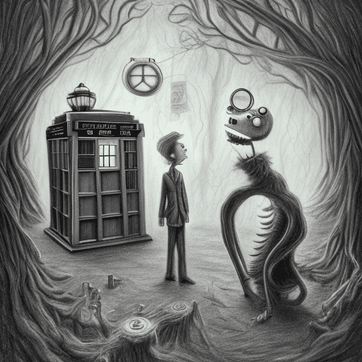 AI generated: A drawing in the style of Tim Burton with a picture of the TARDIS from Doctor Who in a haunted fores...