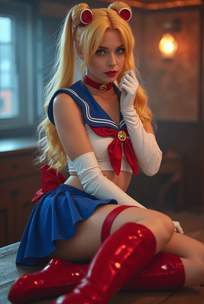 AI generated:  cute european woman,hot sailormoon cosplay ,posing , epic action scene,real photo,full body,young,s...
