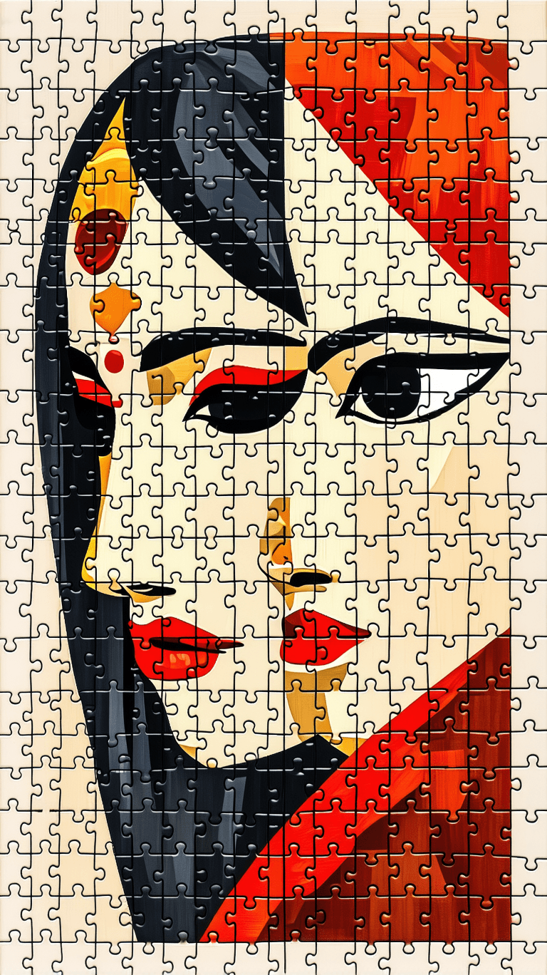 AI generated: Puzzle art of beatiful Hindu woman face macroview, Jamini Roy style,Edo period wood block print art...