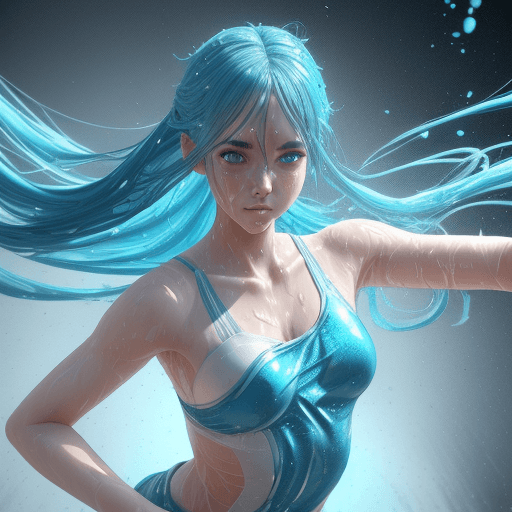 AI generated: A sweating anime dancer who is struggling.  shimmering blue eyes, flowing azure hair, wearing polio ...