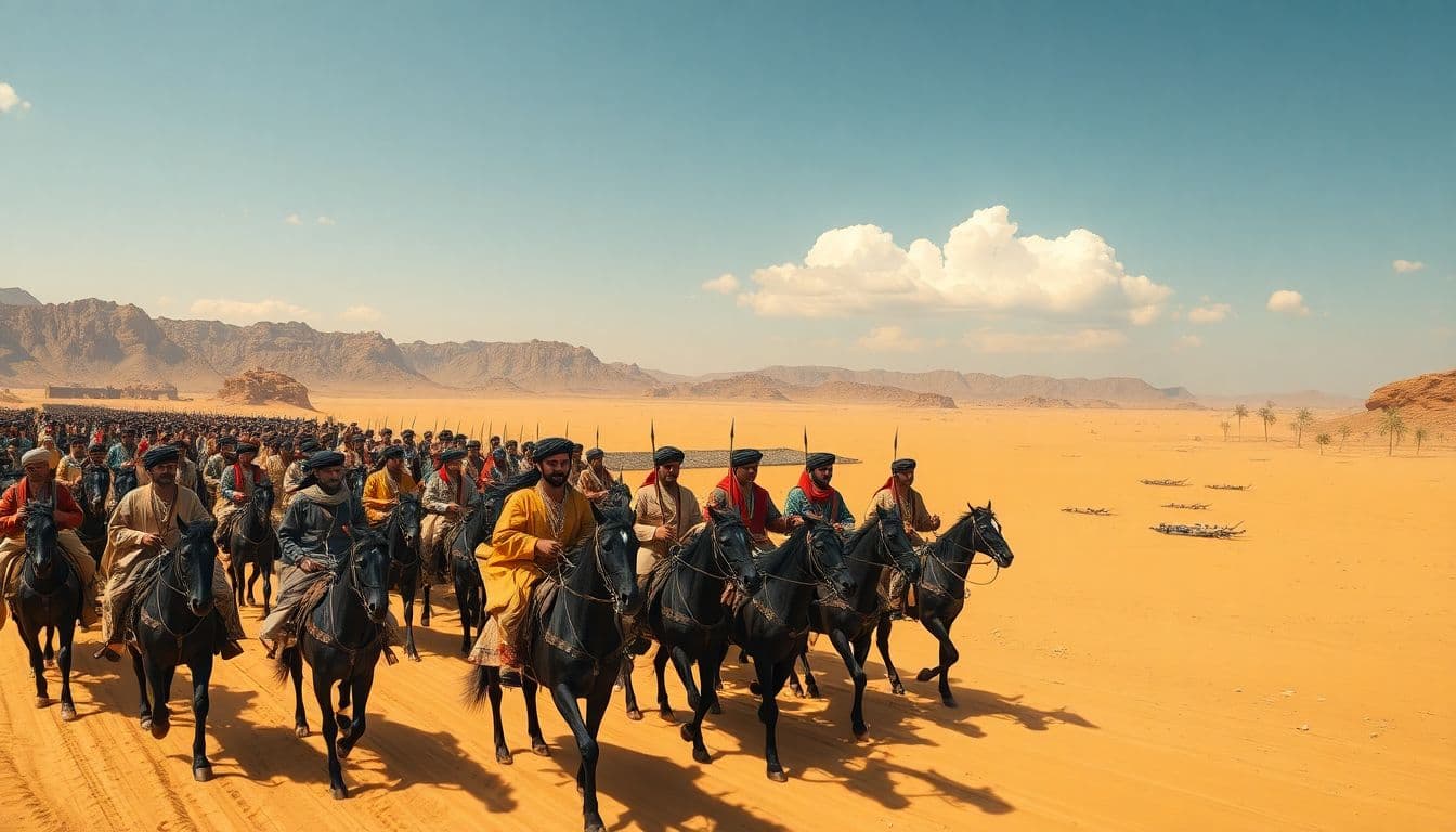 AI generated: A realistic, realistic, and authentic panoramic view from above: In the vast desert, a large Meccan ...