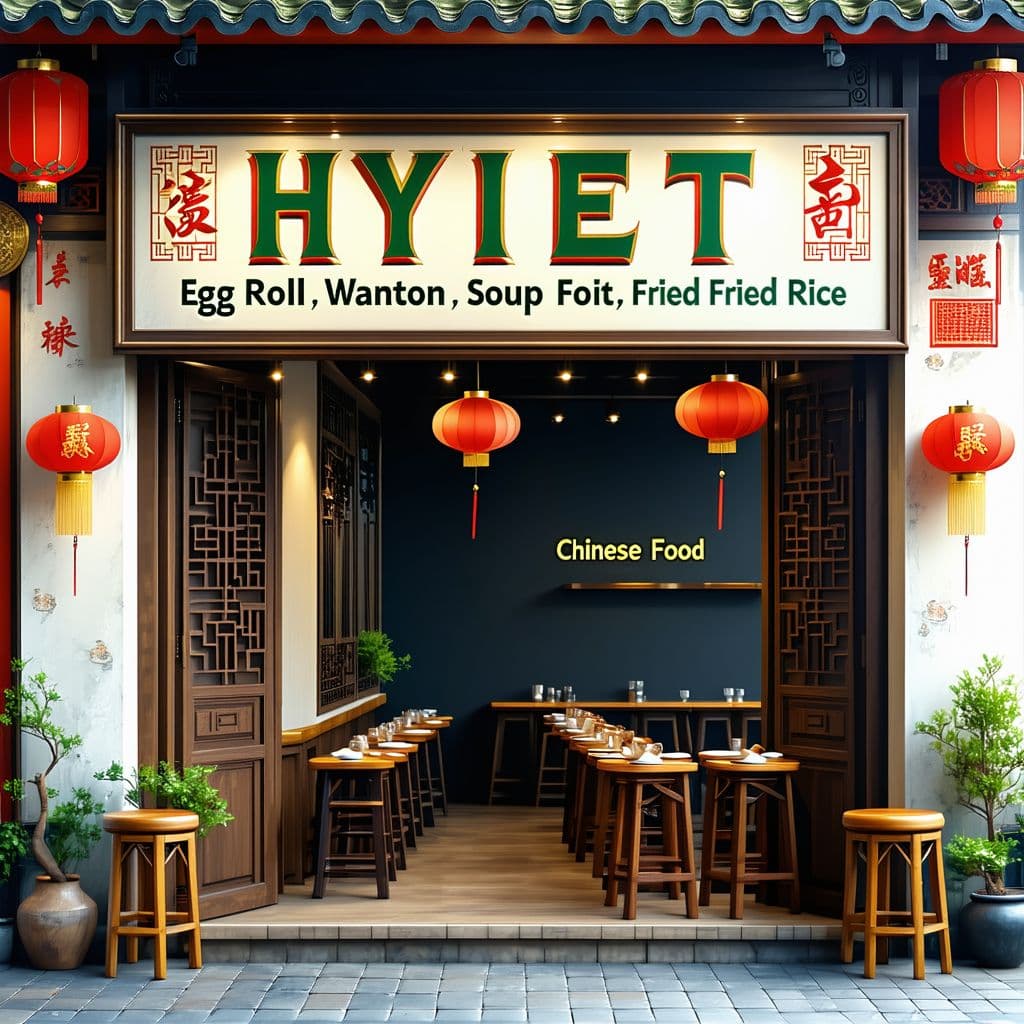 AI generated: The front of a Chinese food restaurant with a sign that says "Hyiet Chinese Food" "Egg Roll Wanton S...