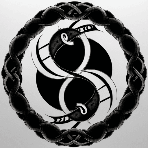 AI generated: black and white engraving of an ouroboros circling around the letter K,  ink, white background, simp...