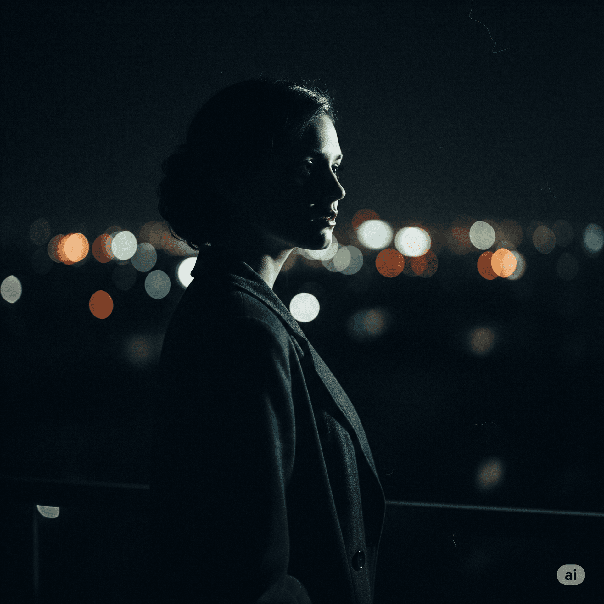 AI generated: Moody noir-style portrait of a woman standing in front of city lights, dark background, film noir li...