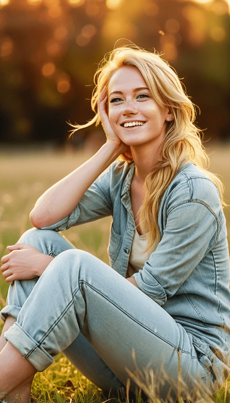 AI generated: 3/4 shot photograph of a happy woman with blonde hair sits on the ground in a field, leaning on her ...