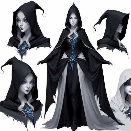 AI generated: Young beautiful witch Banshee with a hood on her head, head and body, close-up character design, sev...