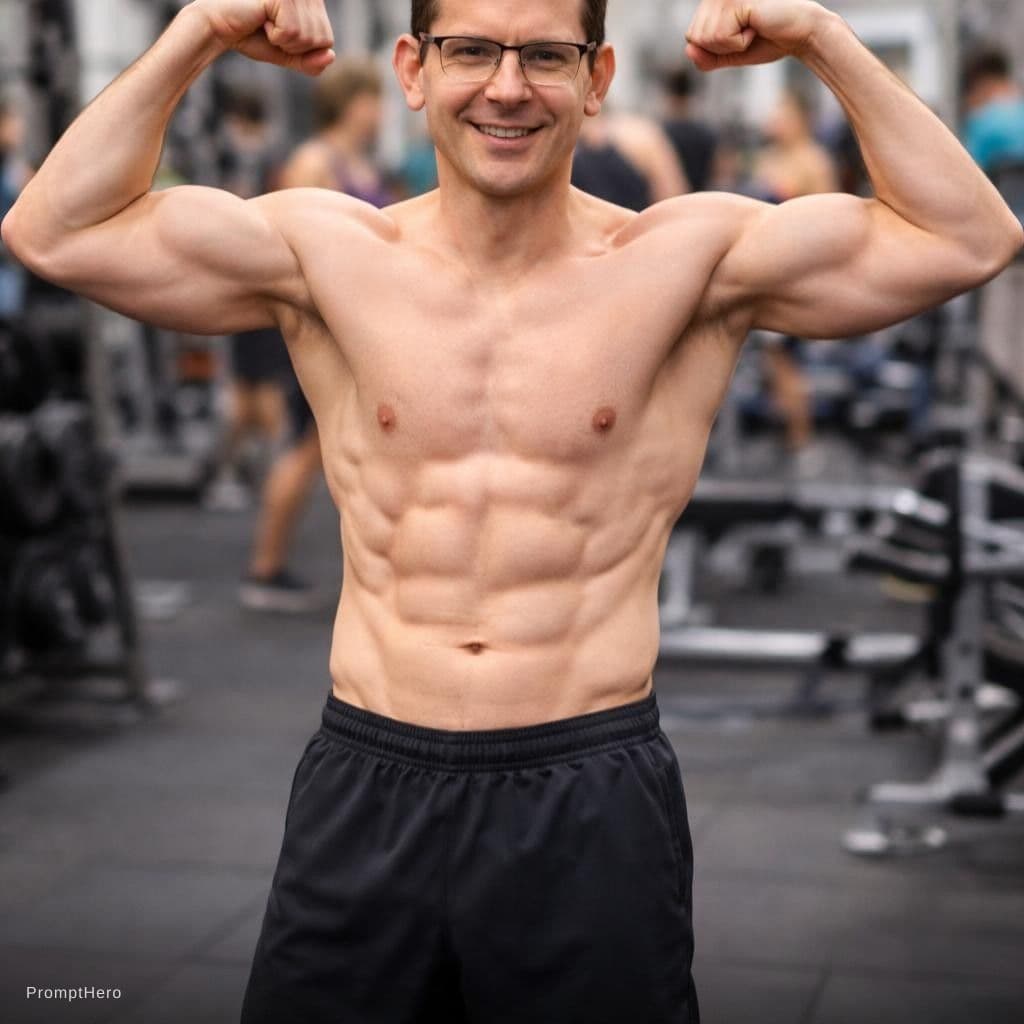 AI generated: use the image to depitct the person as a fit man at the gym, wearing only shorts and sneakers showin...