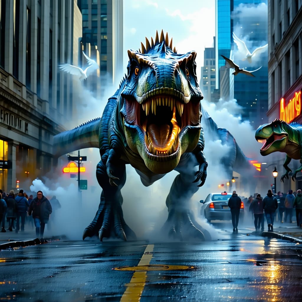 AI generated: Eyes glowing with prehistoric vengeance, surrounded by ghosts of fallen T. rexes. Every step it take...