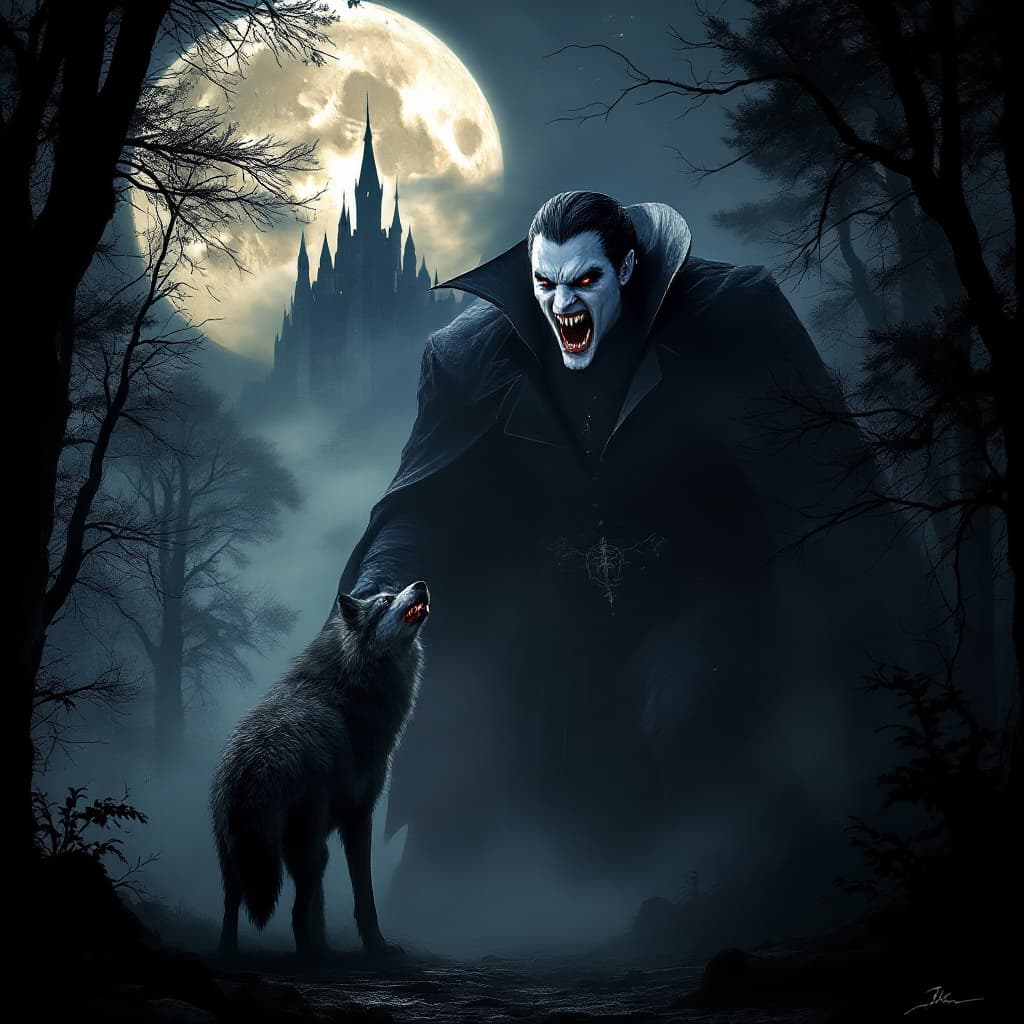 AI generated: highly detailed, realistic, Count Dracula, big fangs shining, mouth closed, powerfully build, huge f...