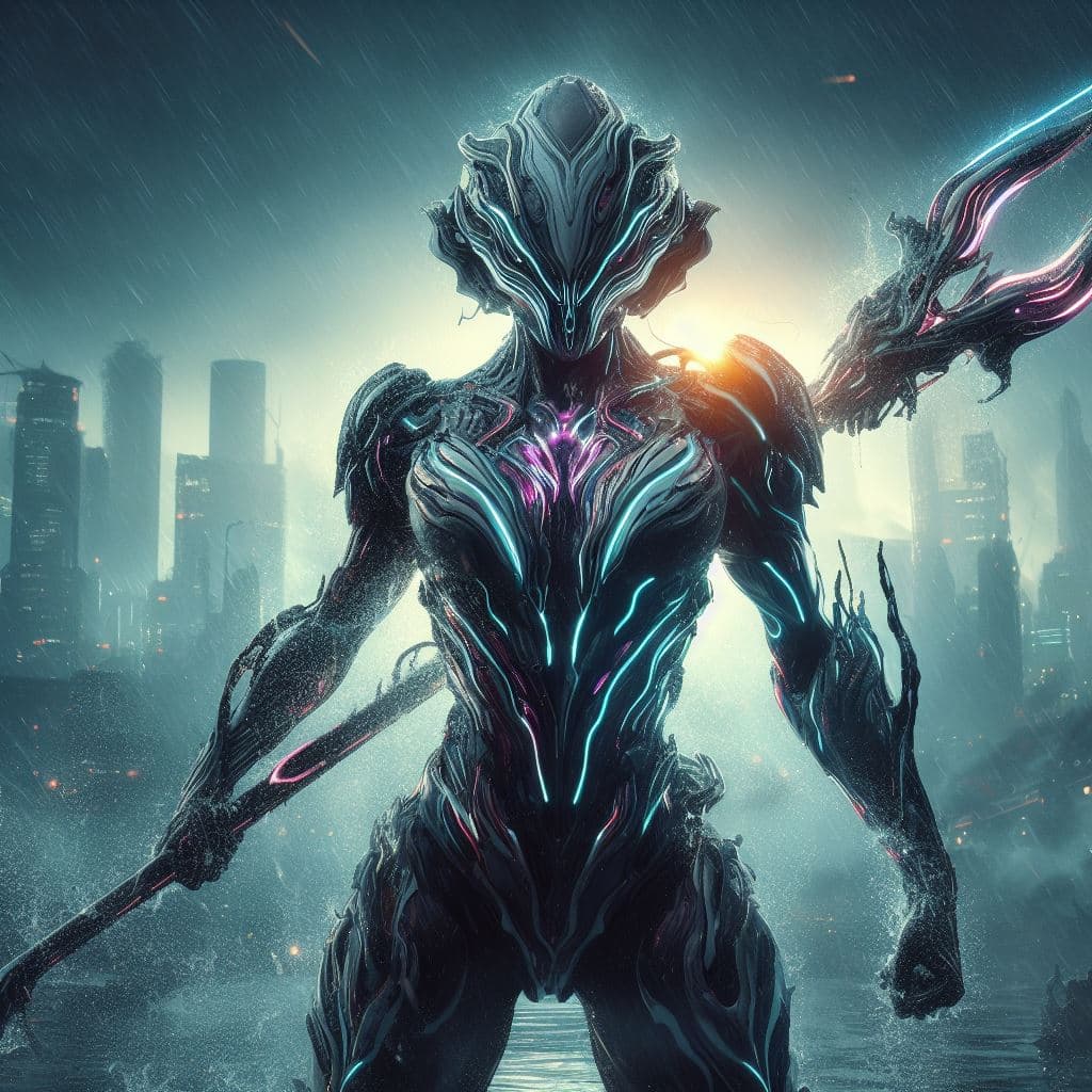 AI generated: a badass humanoid woman with an organic shark armor with scales and neonlight holding a trident, hea...