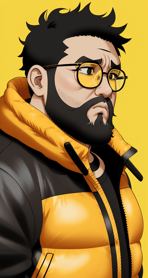 AI generated: Chibi, anime style, chubby tan man, black curly short hair, dark eyes, yellow frame glasses with cle...