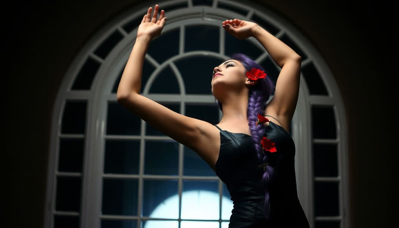 AI generated: a woman with long, braided purple hair, tied up with ropes and red flowers. The woman is standing in...