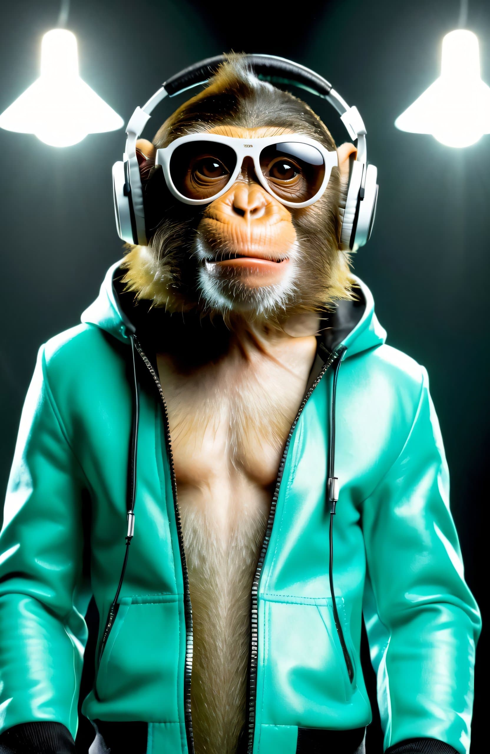 AI generated: action packed, The image features a (monkey wearing a tosca jacket:1.3), a black shirt, and a pair o...