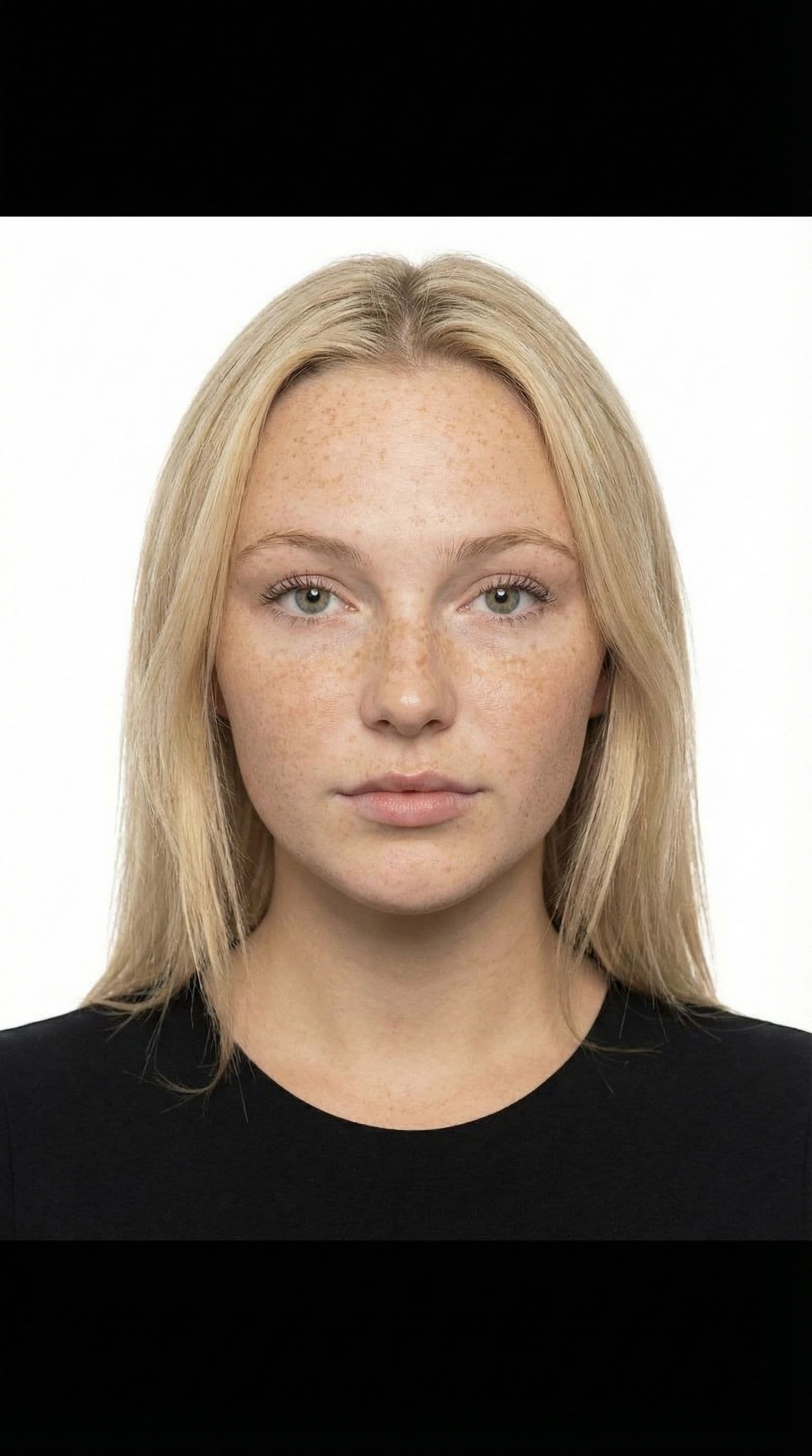 AI generated: same girl, only face like pasport photo