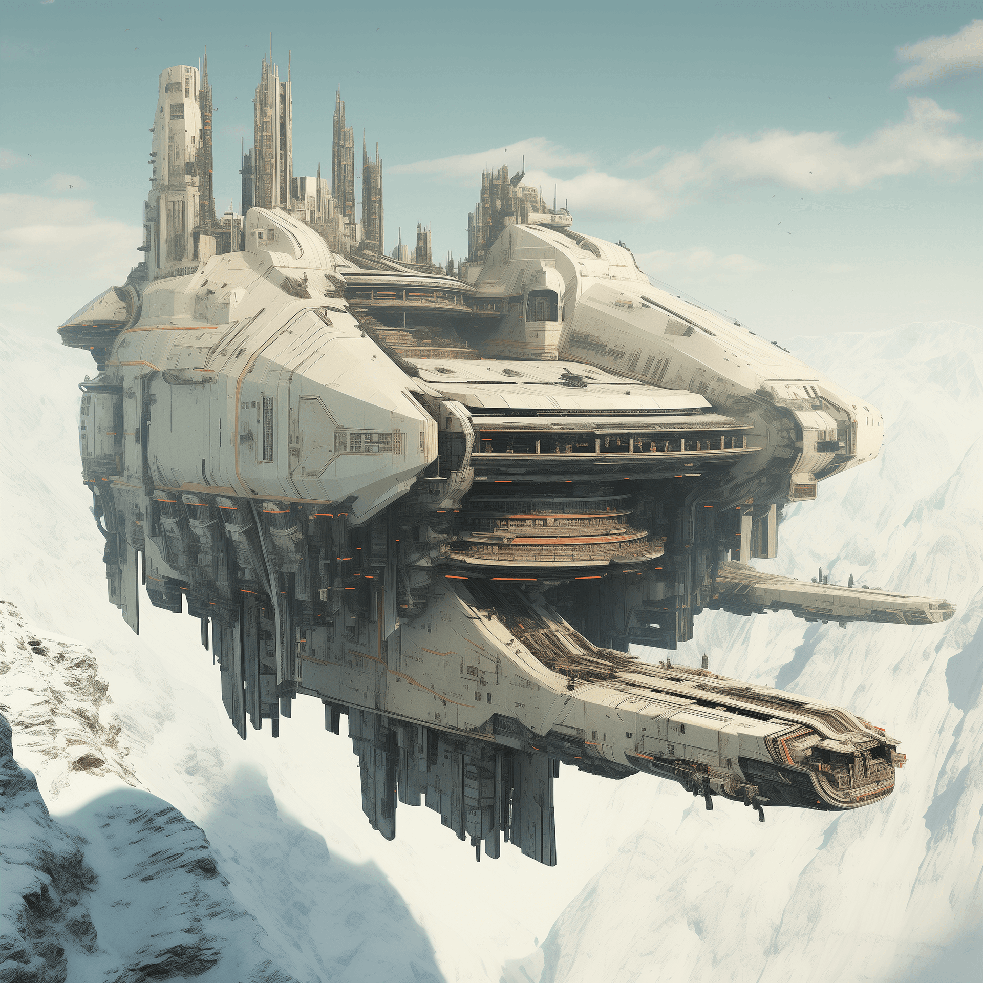 AI generated: futuristic spaceship floating in snow and ice, red and beige color, in the style of fantastical ruin...