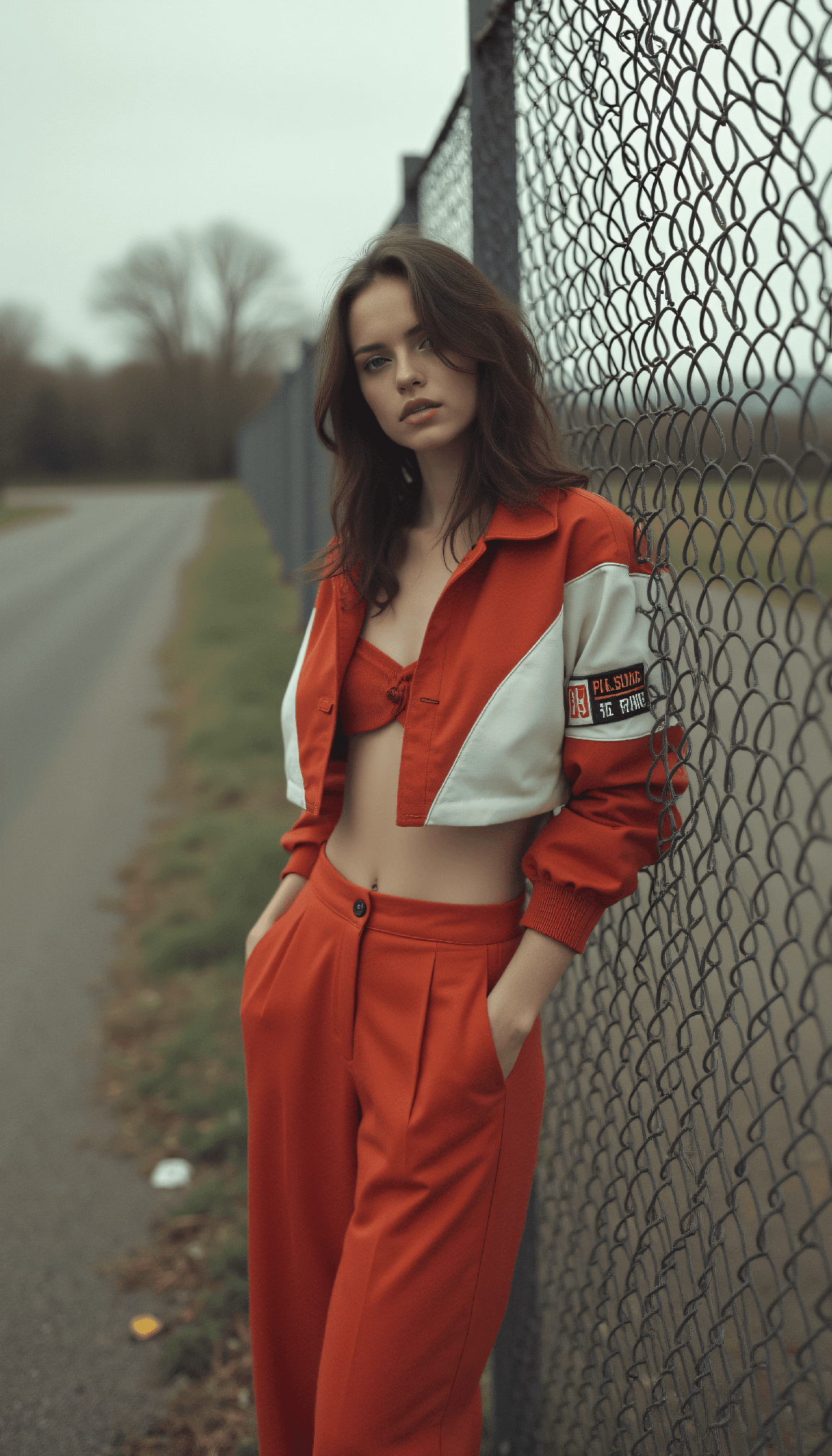 AI generated: Fashion photo of a Female model with boyish silhouette wearing cropped racing jacket and wide-leg pa...