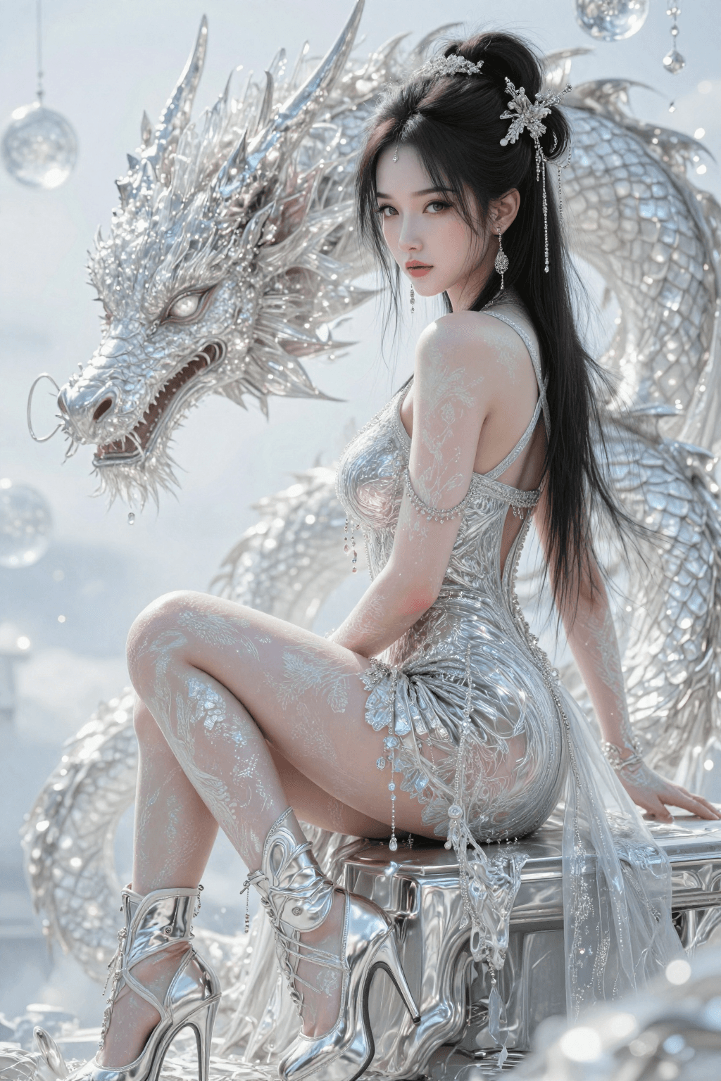 AI generated: A detailed, photorealistic, cinematic vertical full-body shot of a majestic dragon goddess sitting n...