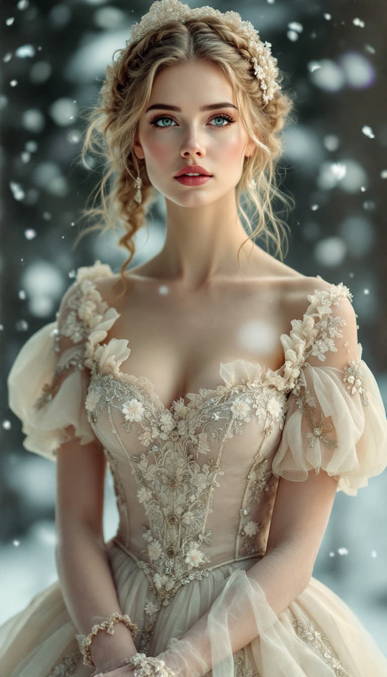 AI generated: An exquisite portrait of a graceful woman, her gaze thoughtful, her eyes rendered with delicate deta...