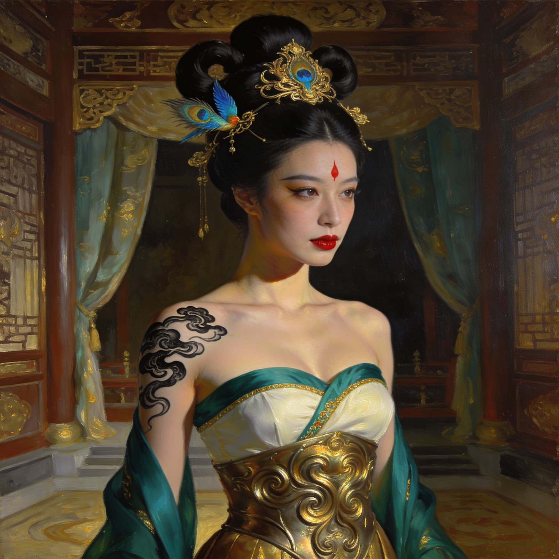 AI generated: A full-body photorealistic portrait of an exquisitely beautiful, regal East Asian noblewoman standin...