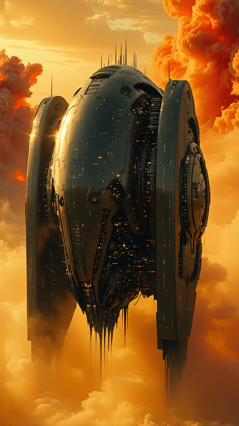 AI generated:  Ground-level shot of a colossal, intricately detailed sci-fi alien spacecraft, its polished metal h...