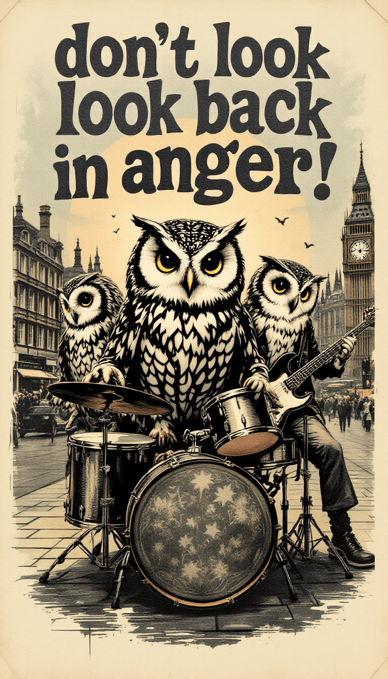 AI generated: A poster design of a blues-rock band called “owls”,three owls posing in London square,one owl is sin...