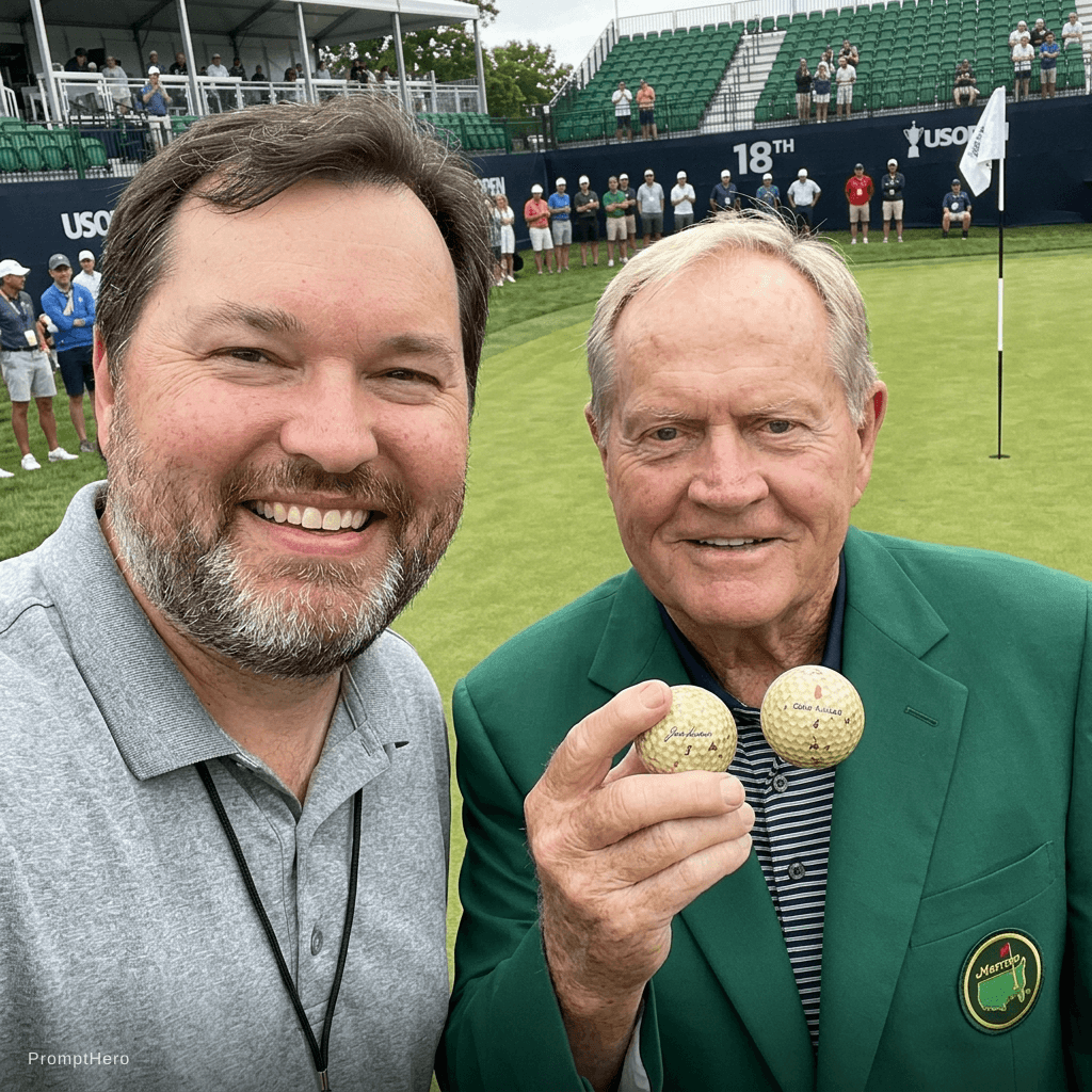 AI generated: A 54-year-old man with a significant left side deficit, standing at the edge of the 18th hole of the...