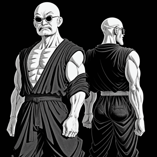 AI generated: a manga drawing of Raven Master Roshi, full body shot, , in the style of Akira Toriyama , black back...