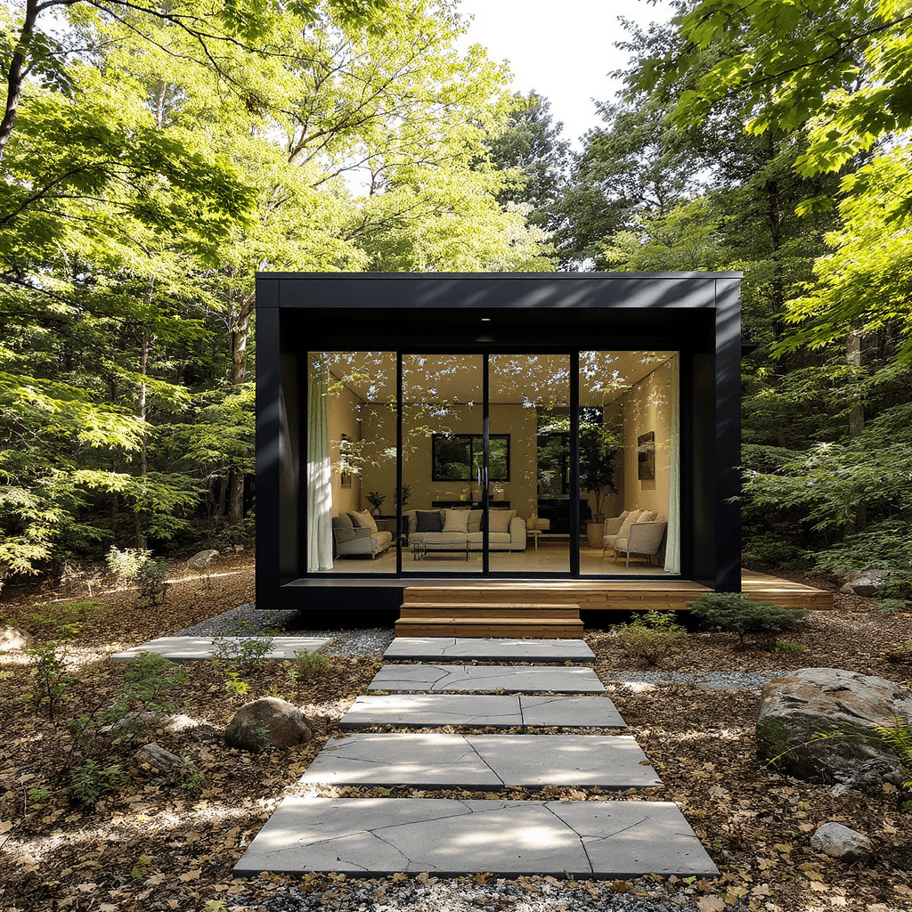 AI generated: Modern micro house ideally set in a small opening in a forest. Front of the house has large, floor t...