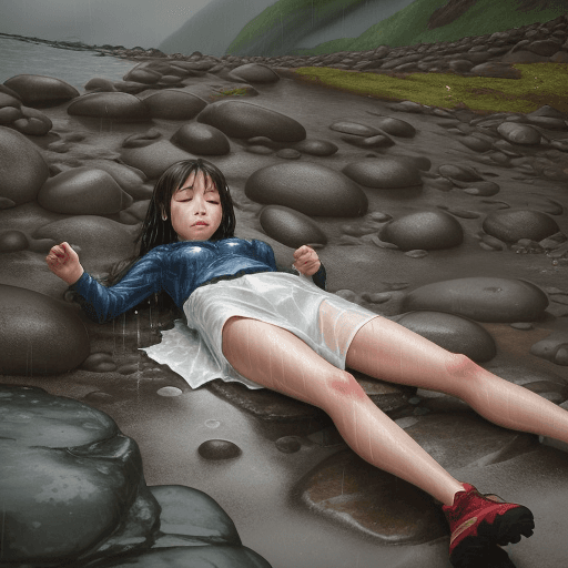 AI generated: girl lies on the rocks, downpour, wet clothes