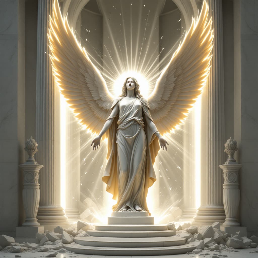 AI generated: Ultra-realistic stone carving of a winged guardian angel standing tall with arms outstretched, full ...