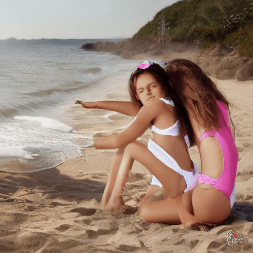 AI generated: Realistic image, sunny day, beach, two girls 10 years old playing near de shore, wearing white swims...