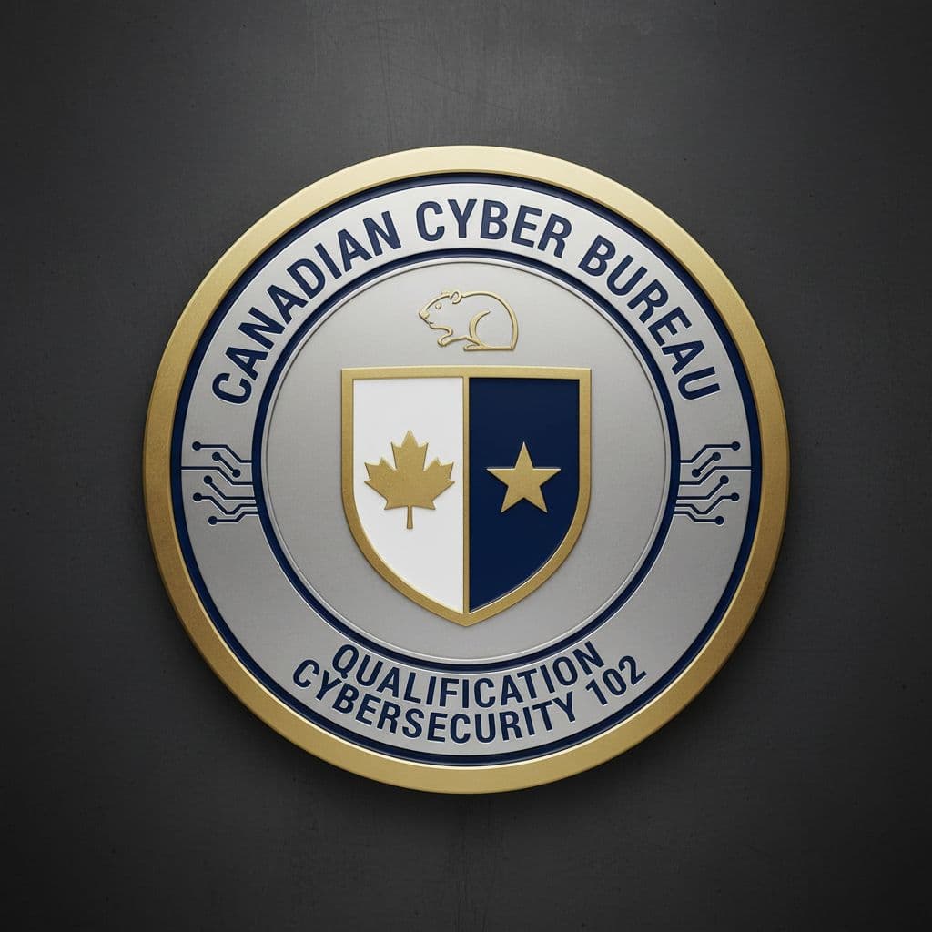 AI generated: Create a professional badge that signifies a qualification from a Canadian bureau, over cybersecurit...