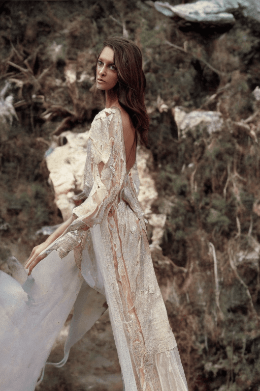AI generated: looking over the shoulder of the copper long hair woman in a an elegant luxury dress designed by Dio...