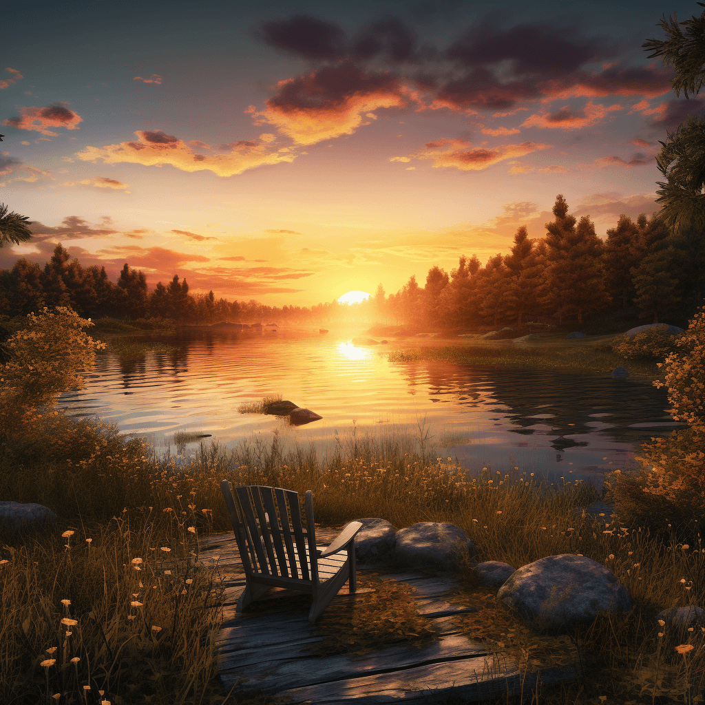 AI generated: Magnificent view of the sunset over a tranquil lake, warm colors. Ultra HD, realistic, vivid colors,...