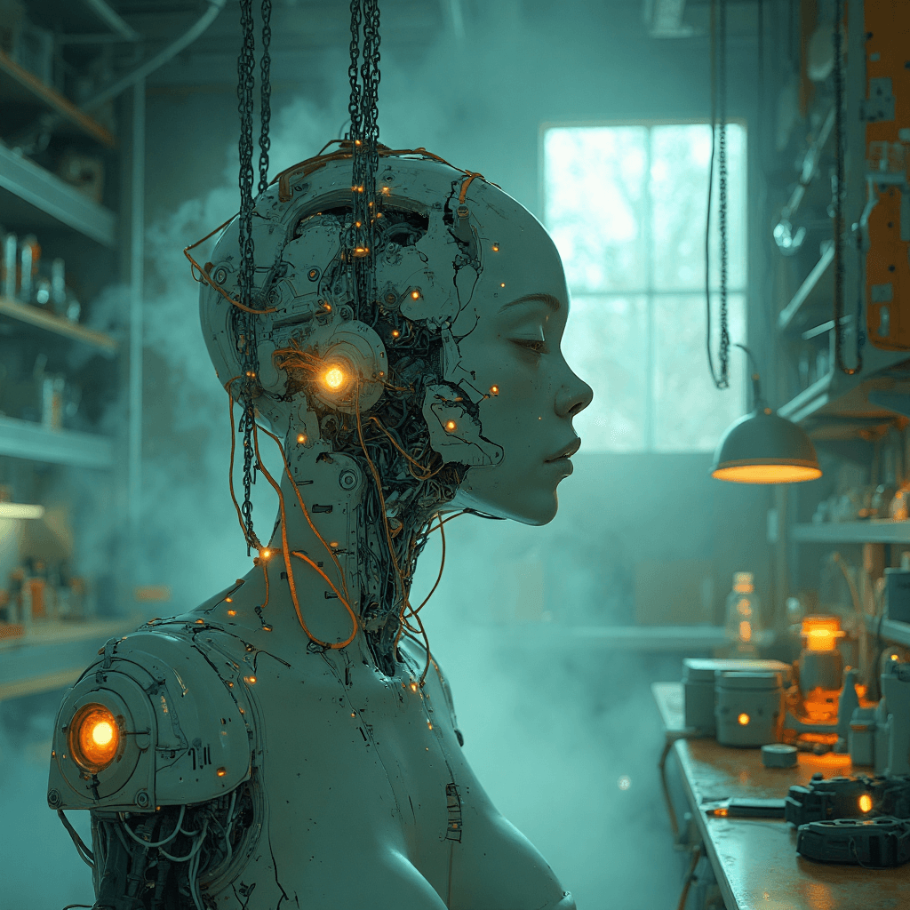AI generated: Full body photograph of a (beautiful:1.2) (female:1.2) cyborg, in a  (retrofuturism:1.3) science lab...