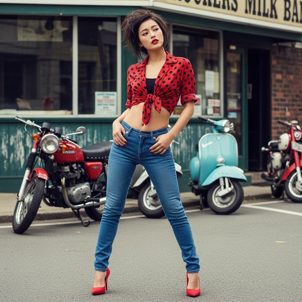 AI generated: a stunning japanese model wearing tigh jeans showing her toned legs she has high heels that are red ...