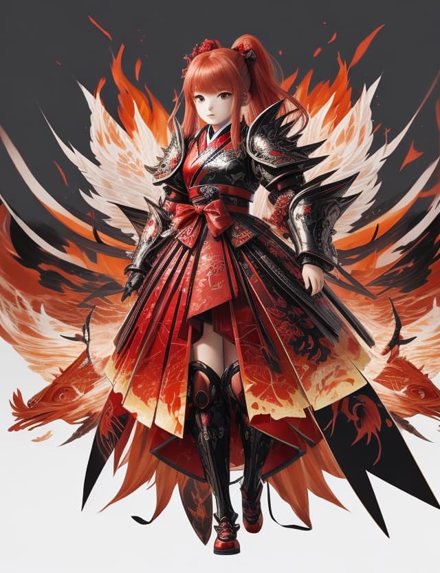 AI generated: a full body little girl pony tail hair , in a red and white outfit, onmyoji detailed art, kitsune in...