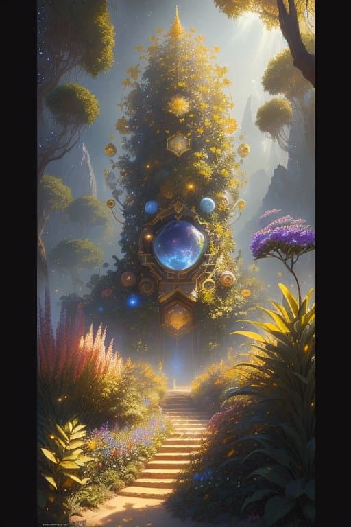 AI generated: (best quality,masterpeace),(hyperdetailed colourful), A cosmic garden of exotic alien flora and faun...
