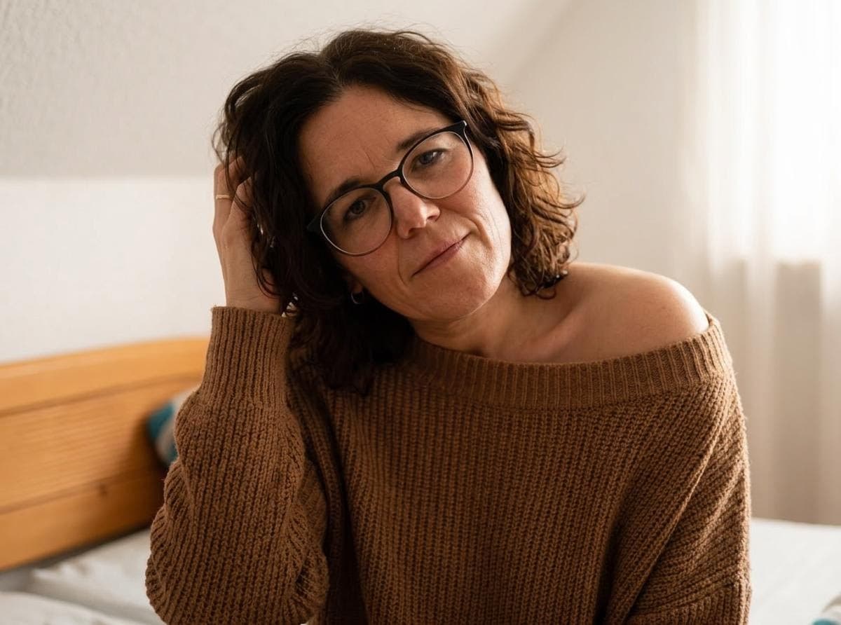 AI generated: A woman with wavy dark brown hair, wearing an off-shoulder oversized brown knit sweater. She gazes s...