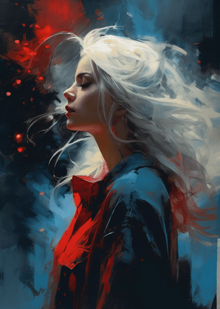 AI generated: digital wallpaper, smoke, girl, hd, 4k, moody hue, calm, badass, long white hair, digital painting, ...
