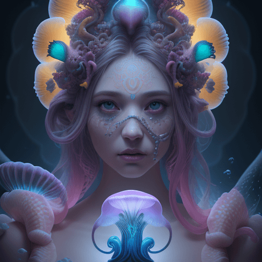 AI generated: Goddess big tits close-up portrait ribcagel. jellyfish phoenix head, nautilus, orchid, skull, betta ...
