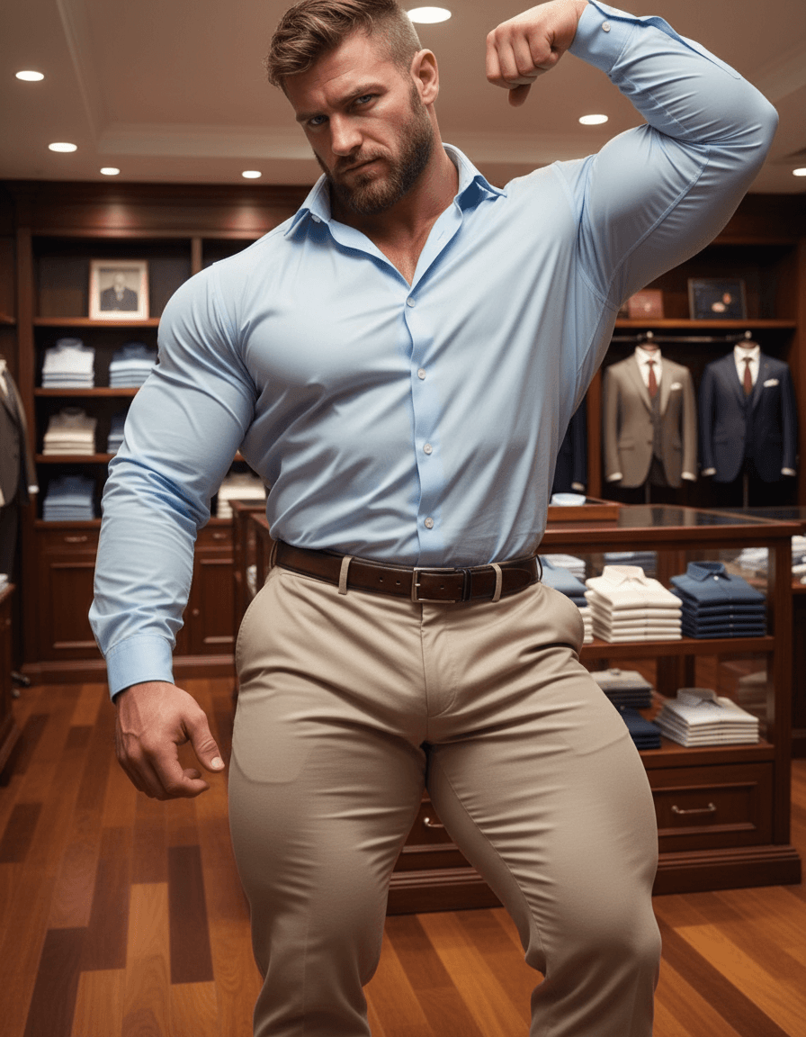 AI generated: At a very luxurious men's clothing store, the bodybuilder is white male, 6 feet 4 inches tall, he ha...