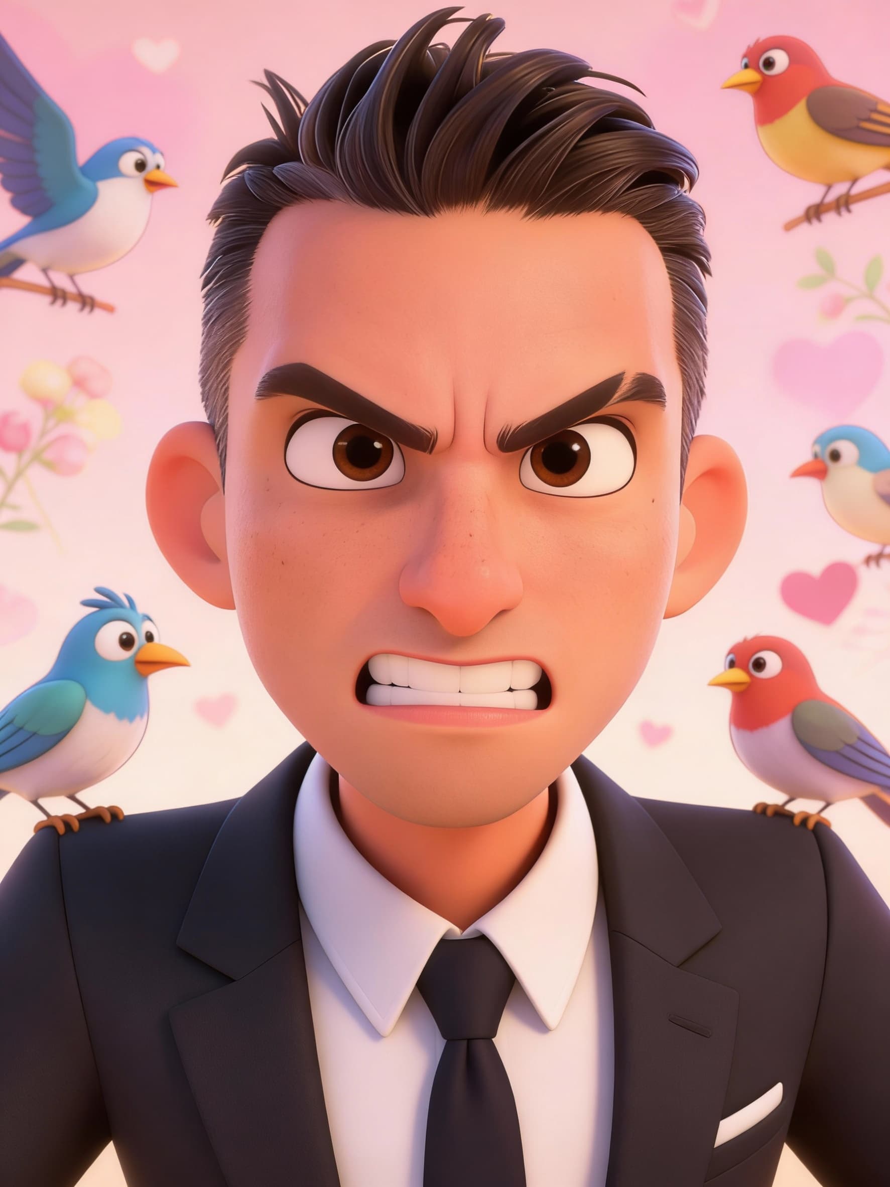 AI generated: a young man in a business suit with a very angry expression, in the style of unreal engine 5, cartoo...