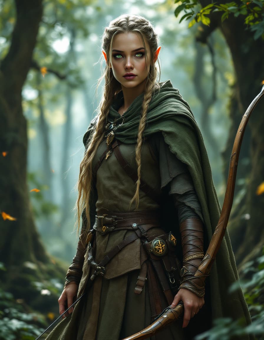 AI generated: Dynamic angle, full body view, realistic, female elven ranger, long, braided hair, lightweight leath...