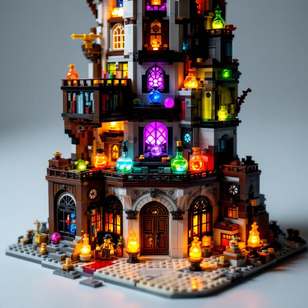 AI generated: A LEGO wizard’s tower filled with books, potions, and glowing orbs
