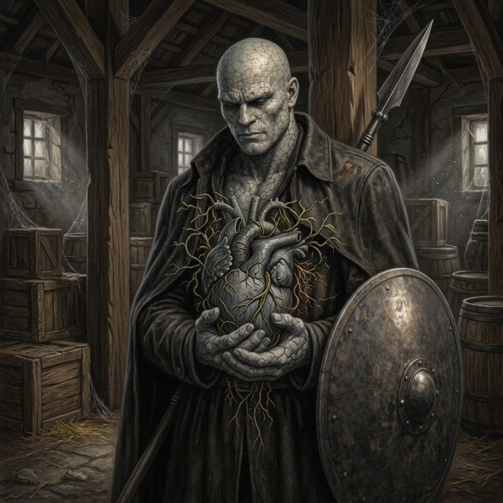 AI generated: a male stone golem warrior sits stands in an old dusty medieval warehouse holding his own stone hear...