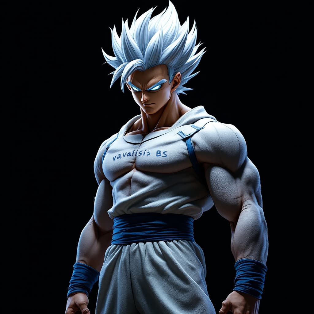 AI generated: Songoku Mastered Ultra Instinct form, wearing his training suite Written on chest fabric "VasilisBS"...