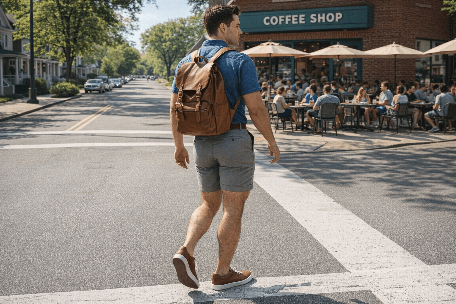 AI generated: In a sunny morning at a nice neighborhood. The model is crossing the street towards a  coffee shop f...