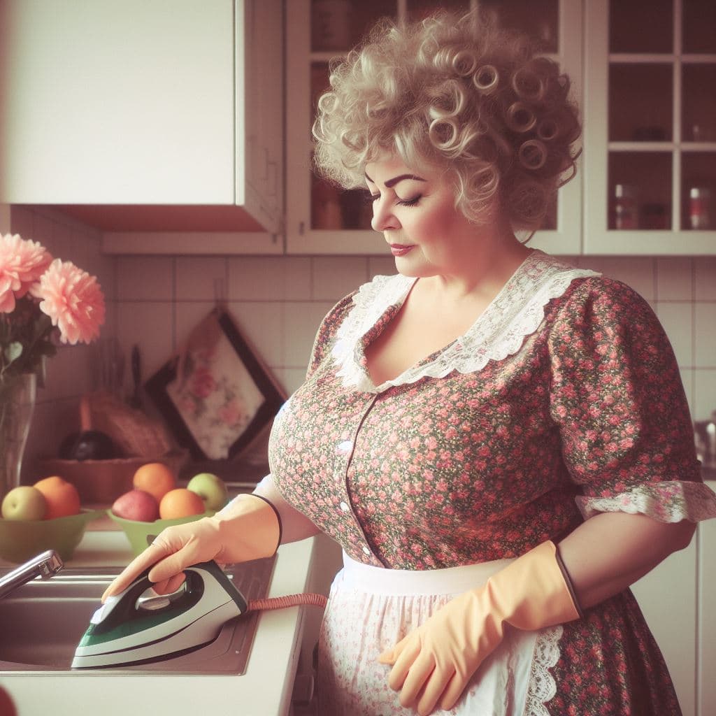 AI generated: A stout German housewife, approximately 45 years old, tending to her home. She wears a flower-patter...