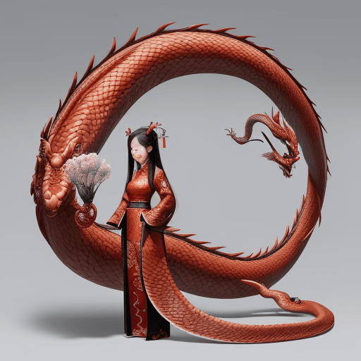 AI generated: Movie stills, a Chinese girl with long hair standing in the front, a Chinese dragon surrounded by fl...